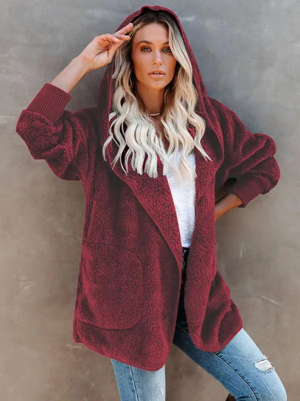 Hooded fleece cardigan coat - wine red / s - winter jackets