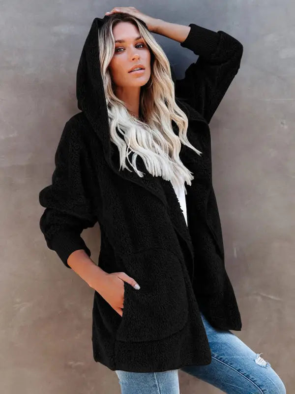Hooded fleece cardigan coat - black / s - winter jackets