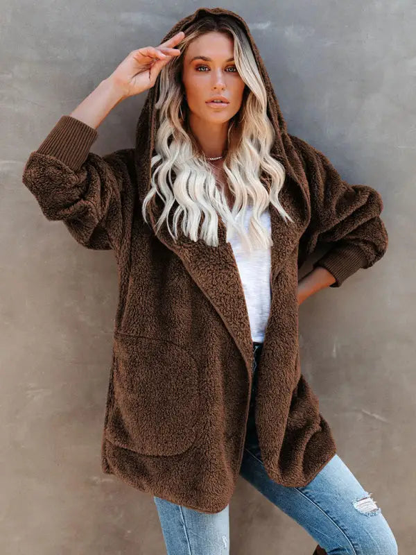 Hooded fleece cardigan coat - coffee / s - winter jackets