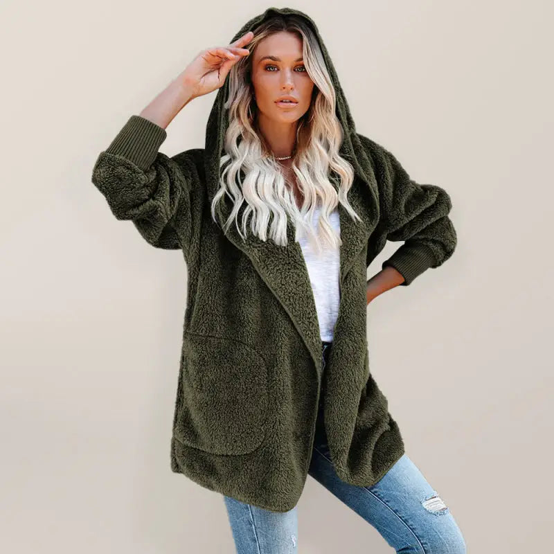 Hooded fleece cardigan coat - olive green / s - winter jackets