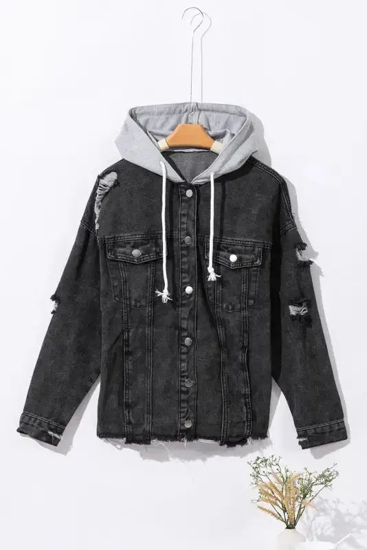 Hooded Frayed Denim Jacket - Black - Fashionfitz