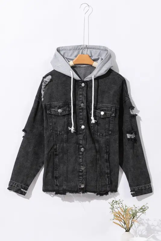 Black drawstring hooded frayed denim jacket - outerwear