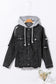 Black drawstring hooded frayed denim jacket - outerwear