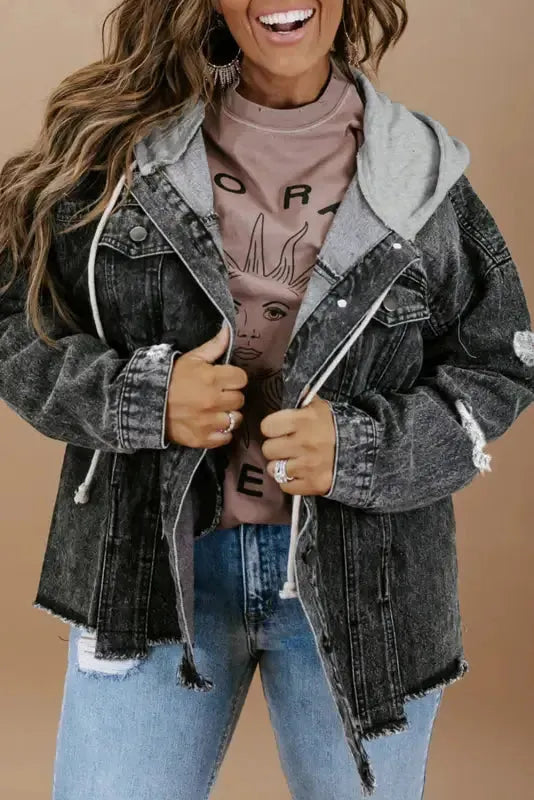 Hooded Frayed Denim Jacket - Black - Fashionfitz