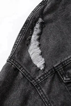 Hooded Frayed Denim Jacket - Black - Fashionfitz