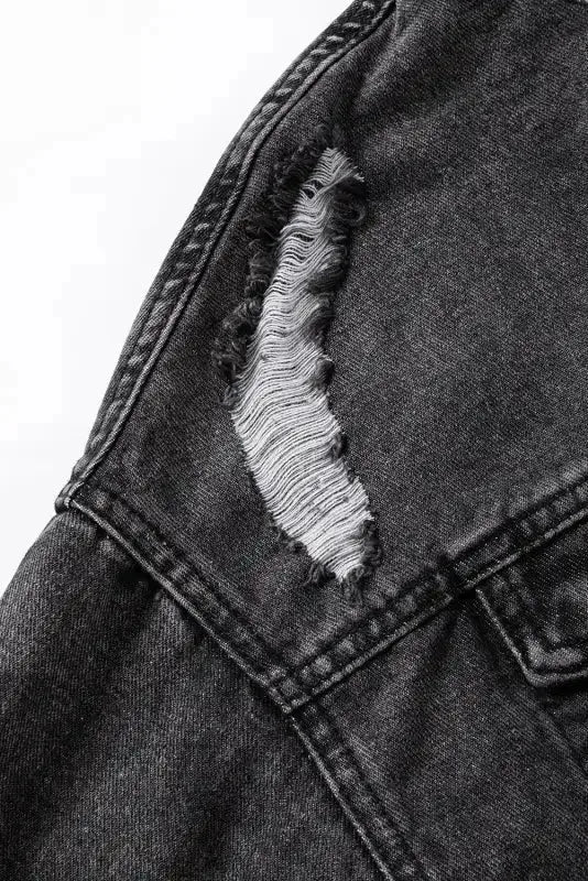 Hooded Frayed Denim Jacket - Black - Fashionfitz