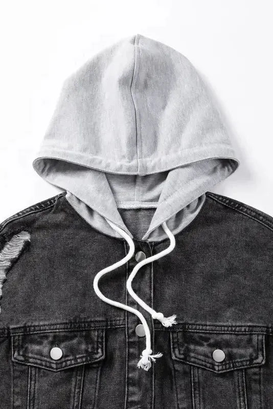 Hooded Frayed Denim Jacket - Black - Fashionfitz