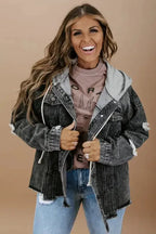 Hooded Frayed Denim Jacket - Black - Fashionfitz
