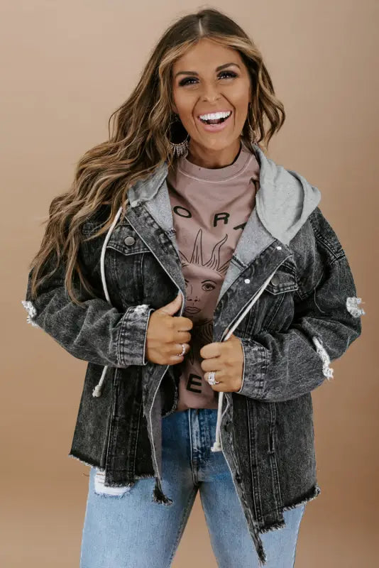 Black drawstring hooded frayed denim jacket - outerwear