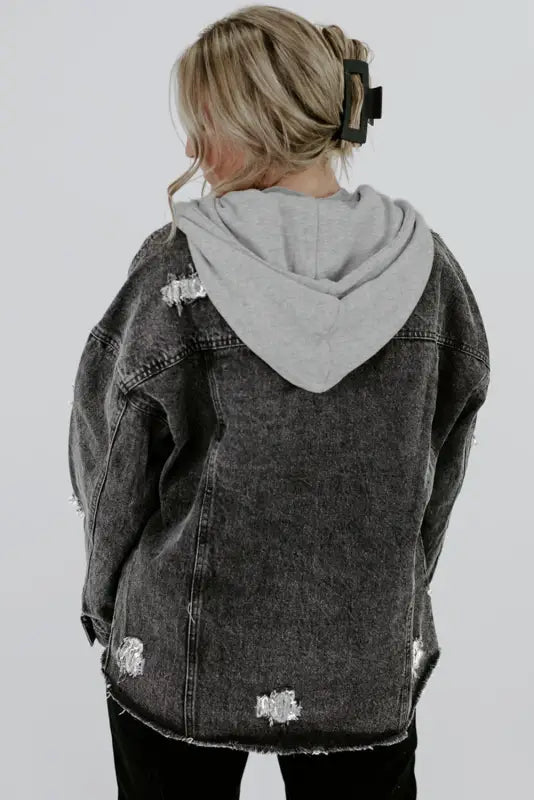 Black drawstring hooded frayed denim jacket - outerwear