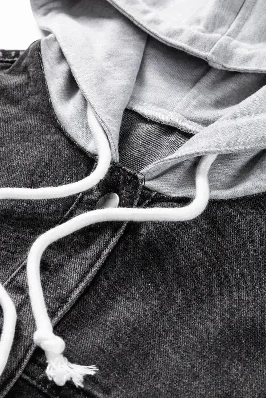 Hooded Frayed Denim Jacket - Black - Fashionfitz