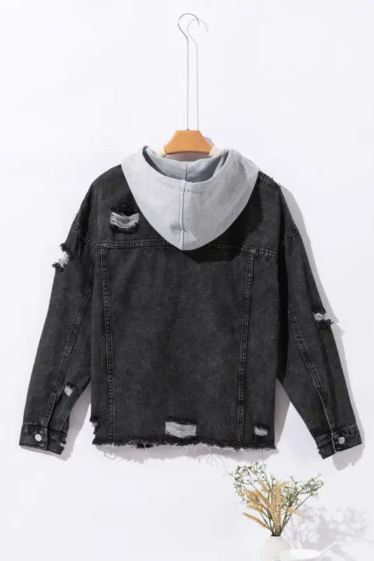 Black drawstring hooded frayed denim jacket - outerwear