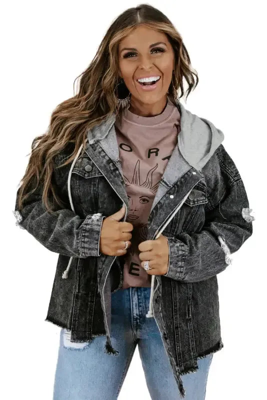 Hooded Frayed Denim Jacket - Black - Fashionfitz