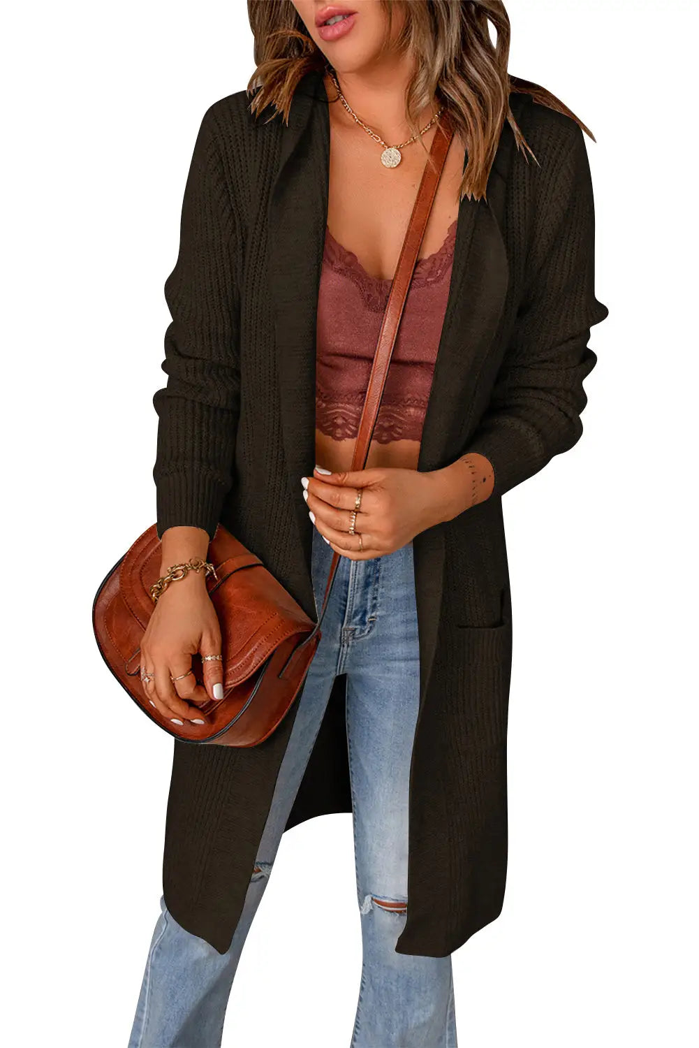 Hooded pockets open front knitted cardigan - sweaters & cardigans