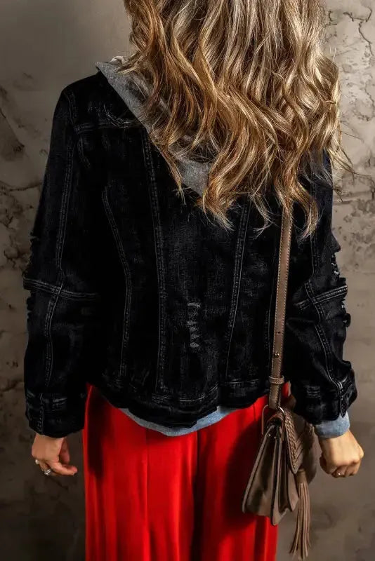 Hooded Zip-Up Denim Jacket - Fake Two-Piece - Fashionfitz