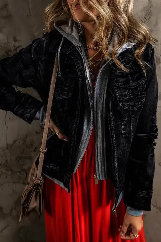 Hooded Zip-Up Denim Jacket - Fake Two-Piece - Fashionfitz