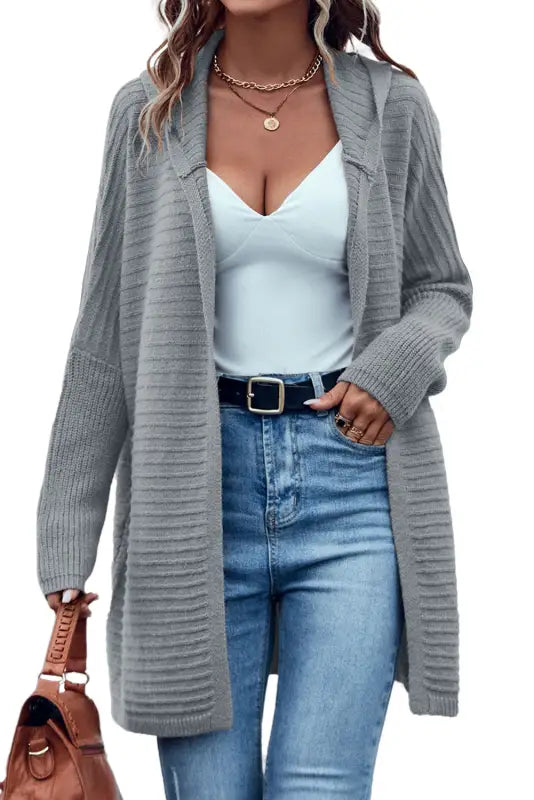 Horizontal rib knit hooded cardigan - cardigans