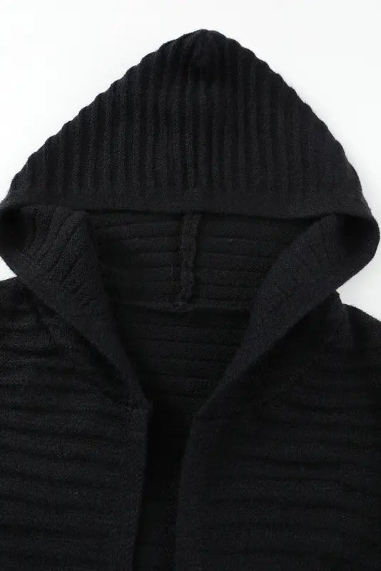 Horizontal rib knit hooded cardigan - cardigans