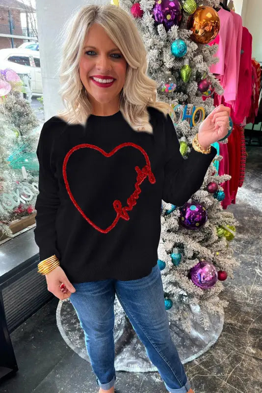 Black howdy heart graphic round neck casual sweater