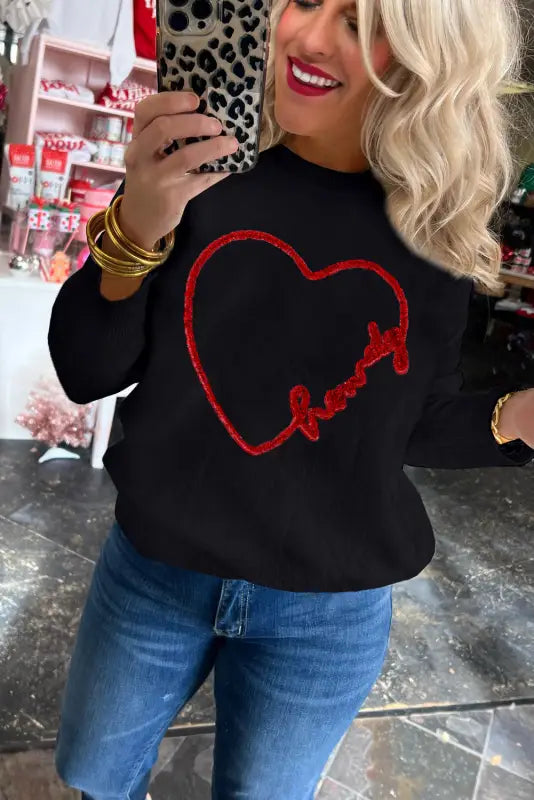 Black howdy heart graphic round neck casual sweater