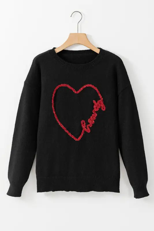 Black howdy heart graphic round neck casual sweater