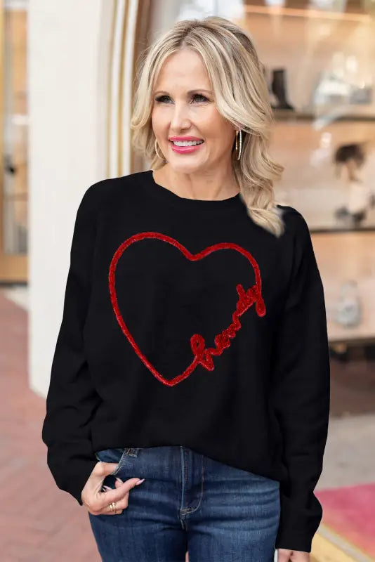 Black howdy heart graphic round neck casual sweater