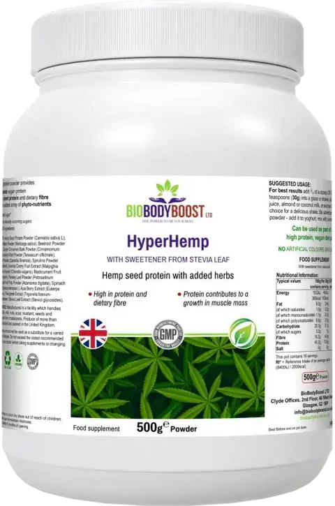 Hyper Hemp Vegan Hemp Seed Protein Powder — rich in omega fatty acids, amino acids and dietary fibre, 500g, dairy-free, BioBodyBoost UK