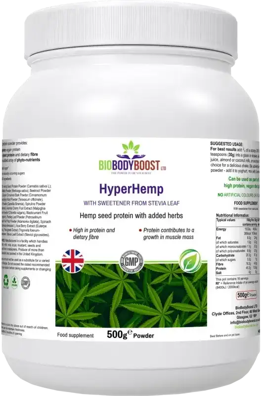 Hyper Hemp Vegan Hemp Seed Protein Powder — rich in omega fatty acids, amino acids and dietary fibre, 500g, dairy-free, BioBodyBoost UK