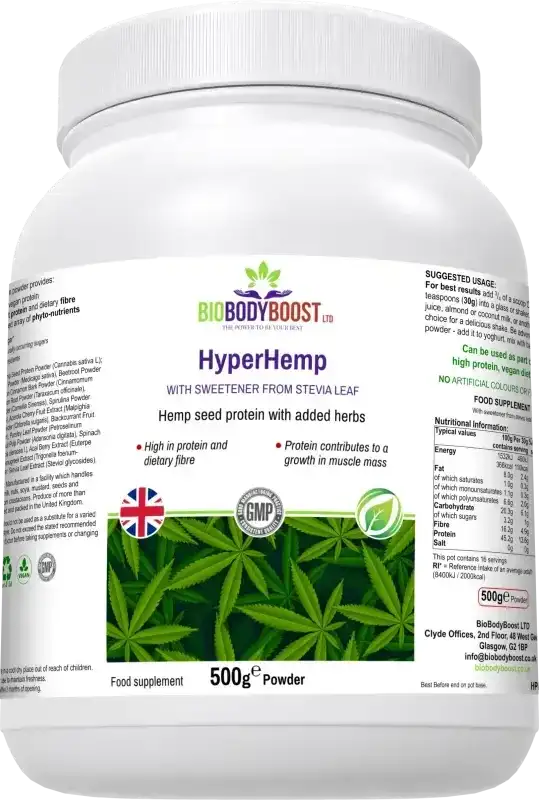 Hyper Hemp front-angle view — natural hemp seed protein powder for daily vegan nutrition, BioBodyBoost UK
