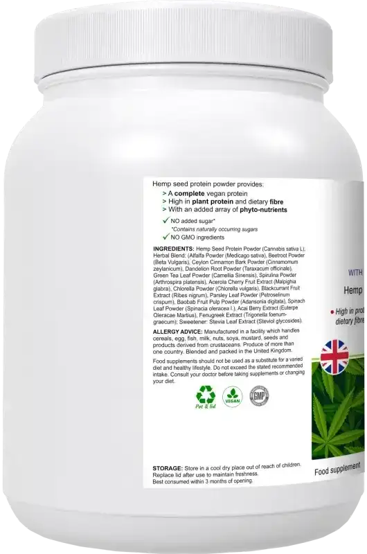 Hyper Hemp Protein Powder angled view — vegan plant-based hemp protein for muscle and nutrition support, BioBodyBoost UK