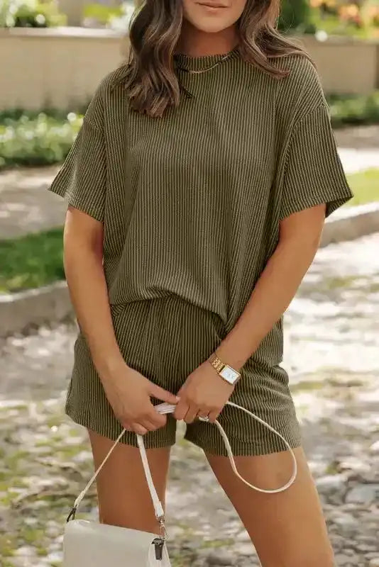 Ice Blue Outfit - Tee and Shorts Set Ribbed Loose Fit - Fashionfitz