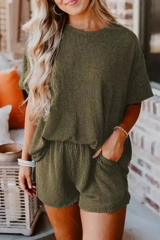 Ice Blue Outfit - Tee and Shorts Set Ribbed Loose Fit - Fashionfitz