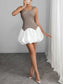 Full-length view of FashionFitz Houndstooth Slim Bubble Dress, combining classic houndstooth print with a playful white bubble hem for chic seasonal fashion.