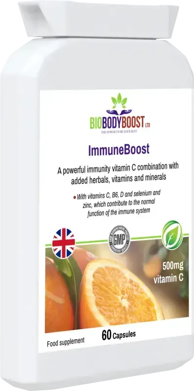 ImmuneBoost Complex front-angle showing vegan immune health formula with high-strength vitamin C and herbal support