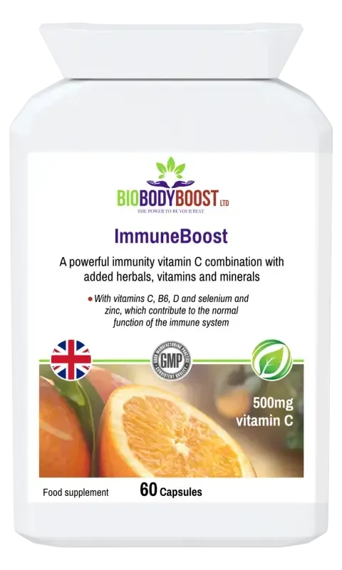 ImmuneBoost Vitamin C Complex — high-strength vitamin C with zinc, elderberry and rose hip, 90 vegan capsules, BioBodyBoost UK