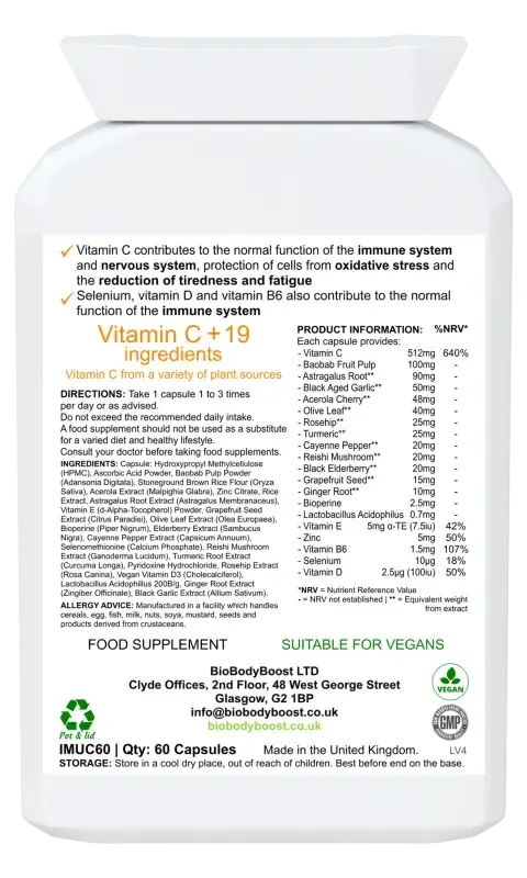 Back label of ImmuneBoost Vitamin C Complex showing vitamin C, zinc, elderberry and rose hip with dosage guide