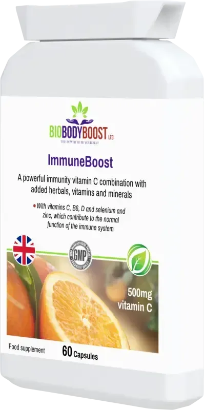 ImmuneBoost Vitamin C Complex angled view — immune support supplement for year-round defence, BioBodyBoost UK