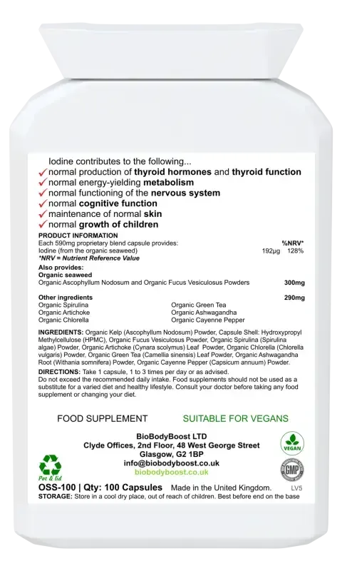 Back label of IoBio showing organic seaweed, bladderwrack and herbal iodine complex with dosage guide