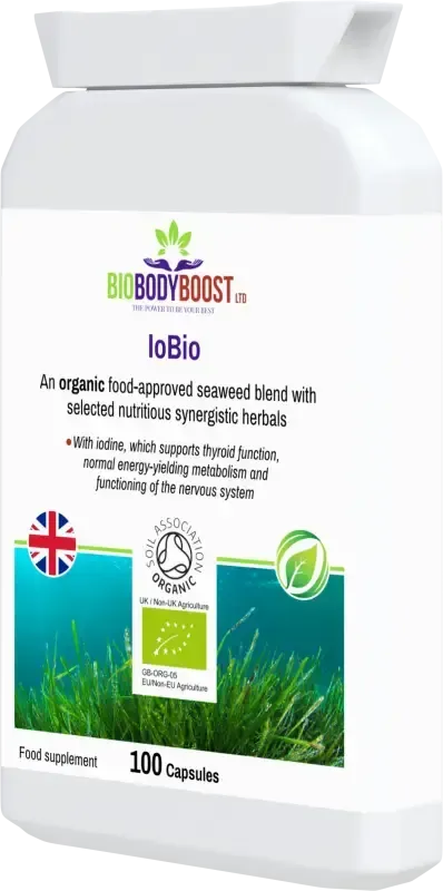 IoBio Organic Seaweed Blend angled view — thyroid function and natural detox supplement, BioBodyBoost UK