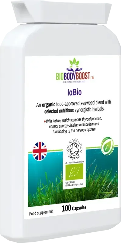 IoBio front-angle view highlighting organic seaweed and bladderwrack complex for thyroid and metabolic support