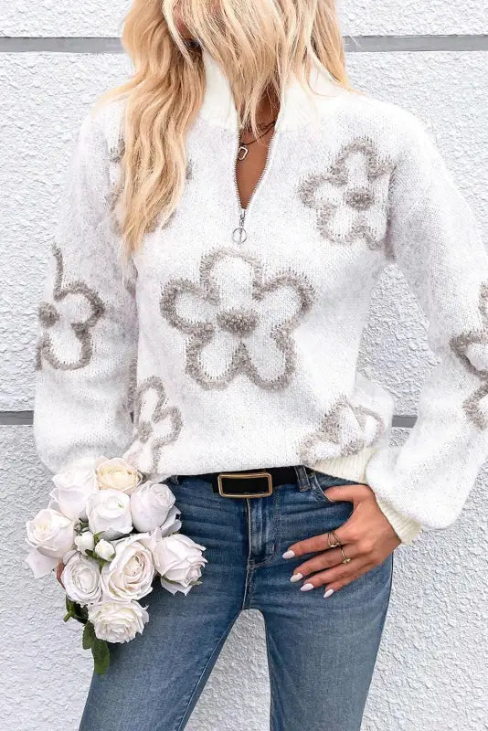 Ivory floret zip sweater | stylish sweaters | fashionfitz