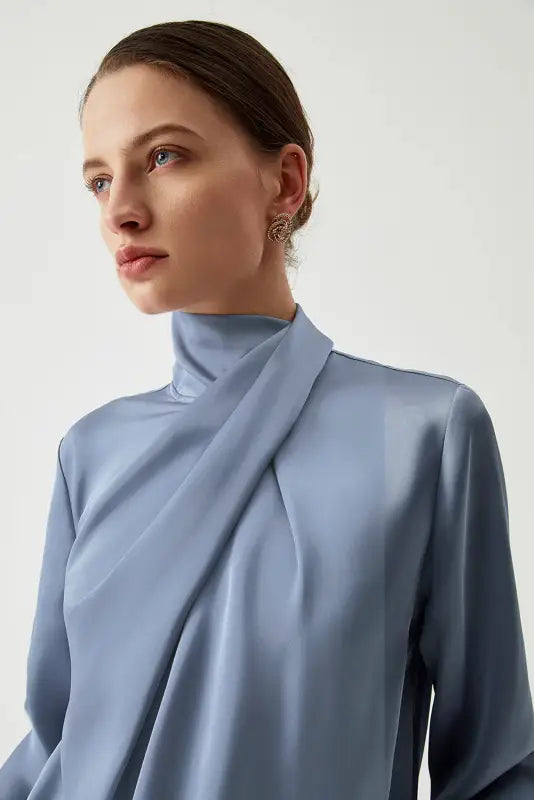 Ivy asymmetric blouse - pleated turtleneck bell sleeve