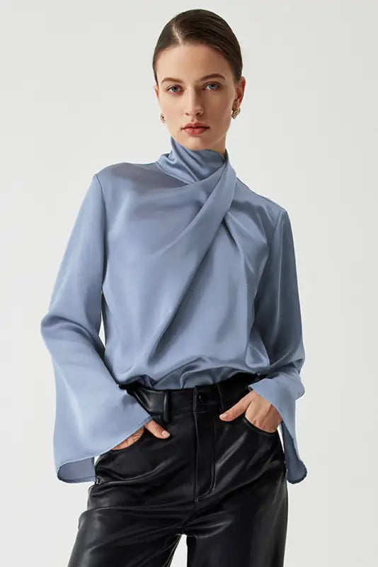 Ivy asymmetric blouse - pleated turtleneck bell sleeve