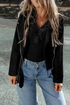 Black Asymmetric Zipper Belted Hem Jacket - Fashionfitz