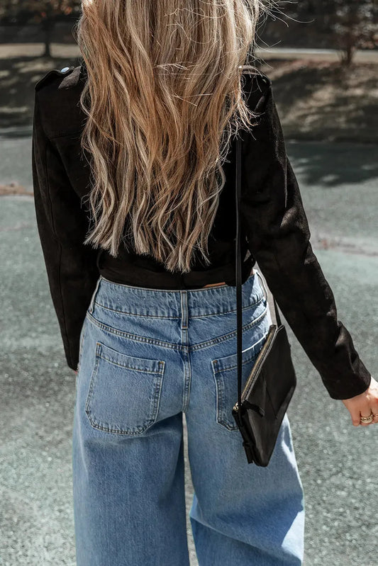 Black Asymmetric Zipper Belted Hem Jacket - Fashionfitz