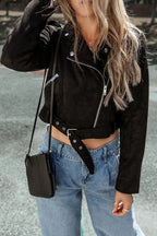 Black Asymmetric Zipper Belted Hem Jacket - Fashionfitz