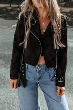 Black Asymmetric Zipper Belted Hem Jacket - Fashionfitz