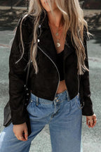 Black Asymmetric Zipper Belted Hem Jacket - Fashionfitz