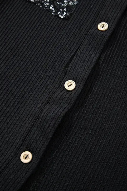 Black Sequin Patch Chest Pocket Corded Shacket - Fashionfitz