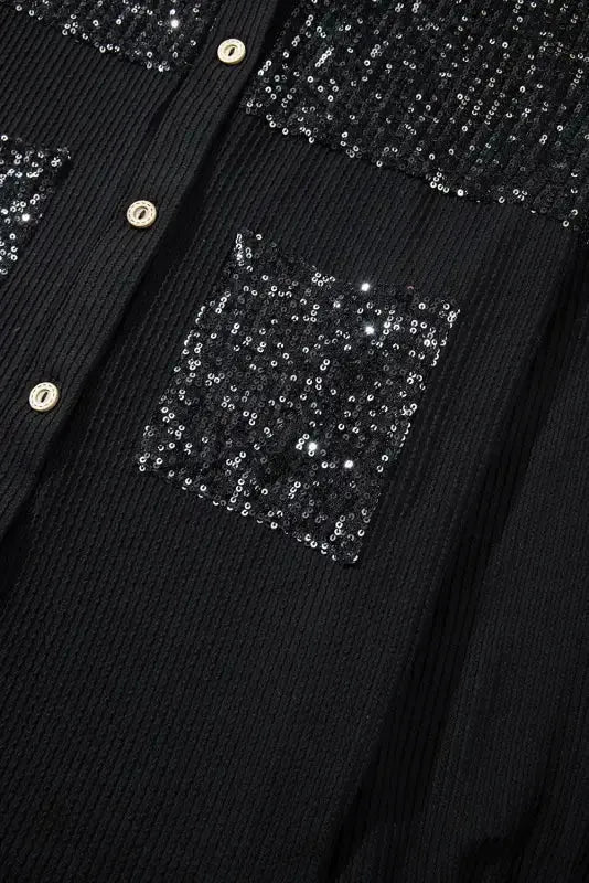 Black Sequin Patch Chest Pocket Corded Shacket - Fashionfitz